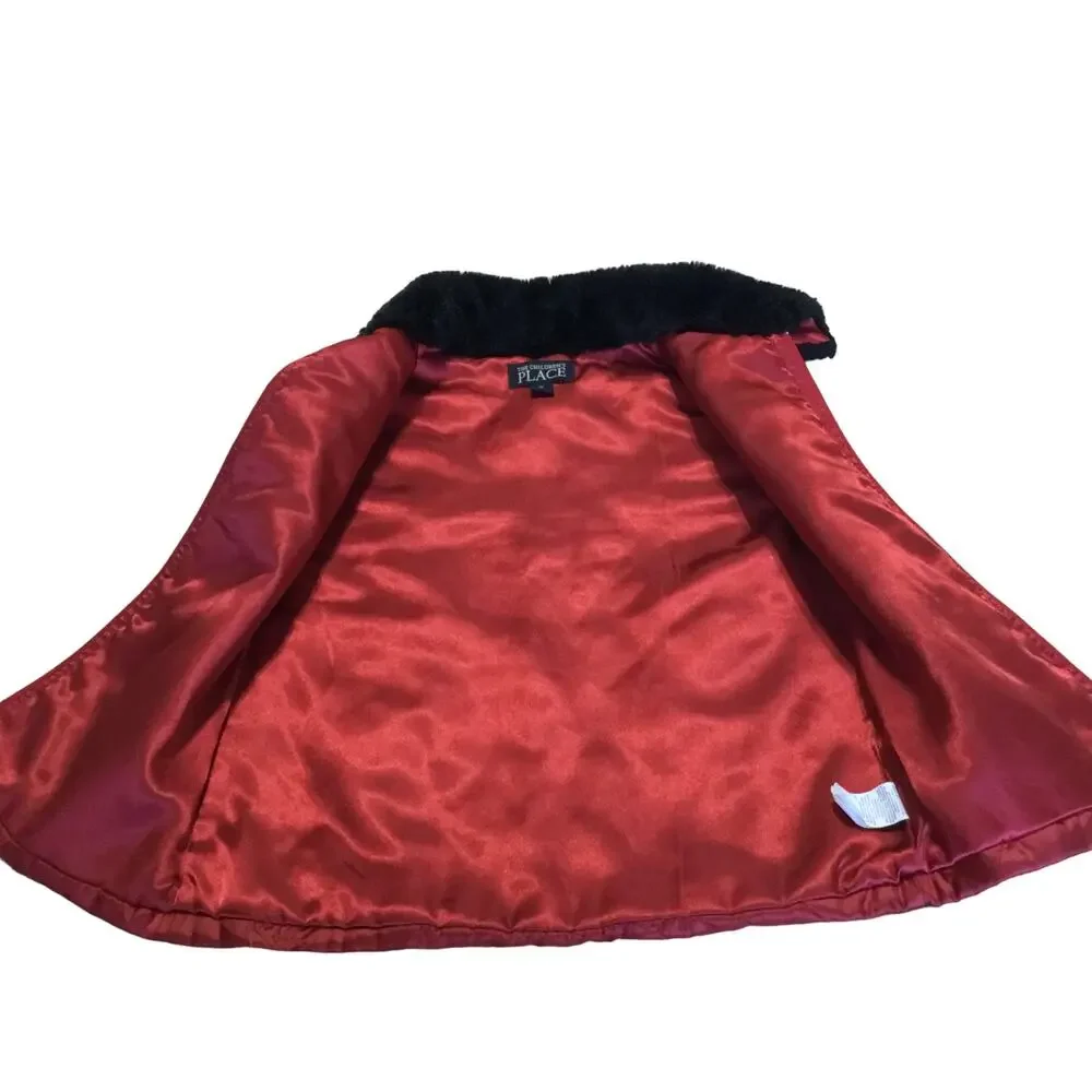 The Children's Place Red Vest Black Faux Fur Collar Zip Satin Girls XL